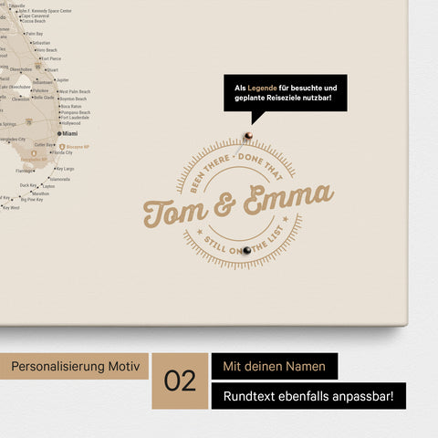 Personalisierte USA Amerika Karte als Leinwand in Gold mit eingedruckten Namen und einer Legende zur Markierung von besuchten Orten