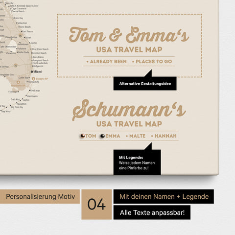 Detaillierte USA Amerika Karte als Pinn-Leinwand in Gold mit Personalisierung als Logo für die gesamte Familie