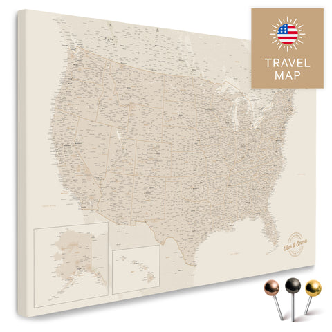 USA Amerika Karte in Gold mit sehr hohem Detailgrad als Pinnwand Leinwand zum Pinnen und Markieren von Reisezielen kaufen