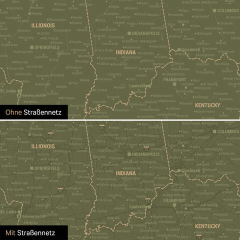 USA Amerika Karte Pinn-Leinwand in Olive Green optional mit dem Straßennetz der größten Highways und Interstates