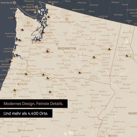 Ausschnitt einer USA Amerika Karte als Pinn-Leinwand in Hale Navy (Dunkelblau Gold) zeigt Reiseziele und Highlights in Washington, Oregon und Idaho