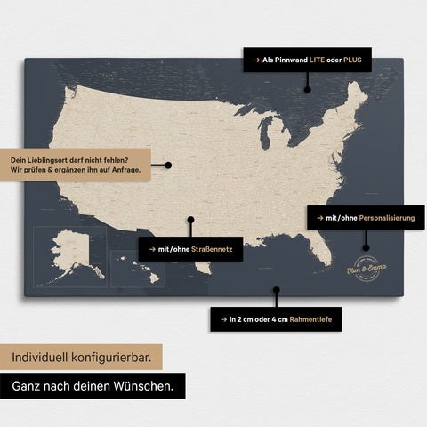 Vielfältige Konfigurationsmöglichkeiten einer USA Amerika Landkarte als Pinn-Leinwand in Farbe Hale Navy (Dunkelblau Gold)