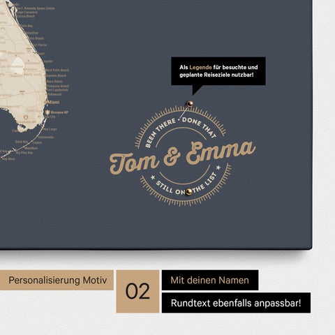 Personalisierte USA Amerika Karte als Leinwand in Hale Navy (Dunkelblau Gold) mit eingedruckten Namen und einer Legende zur Markierung von besuchten Orten