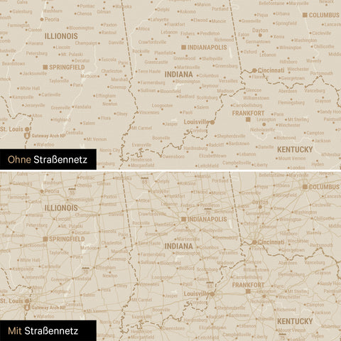 USA Amerika Karte Pinn-Leinwand in Hale Navy (Dunkelblau Gold) optional mit dem Straßennetz der größten Highways und Interstates