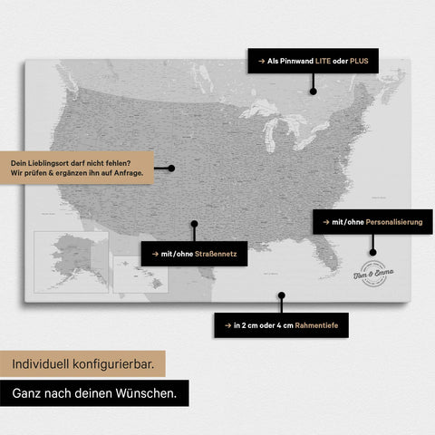 Vielfältige Konfigurationsmöglichkeiten einer USA Amerika Landkarte als Pinn-Leinwand in Farbe Hellgrau
