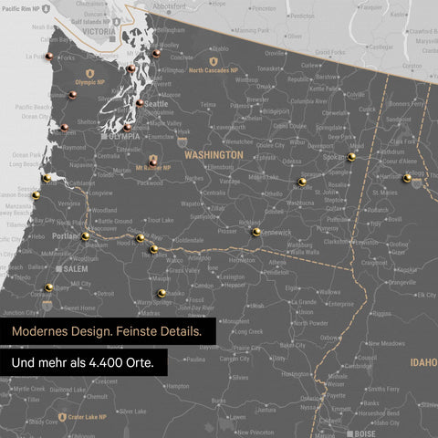 Ausschnitt einer USA Amerika Karte als Pinn-Leinwand in Light Gray zeigt Reiseziele und Highlights in Washington, Oregon und Idaho