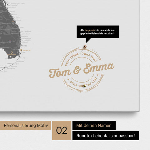 Personalisierte USA Amerika Karte als Leinwand in Light Gray mit eingedruckten Namen und einer Legende zur Markierung von besuchten Orten