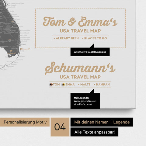 Detaillierte USA Amerika Karte als Pinn-Leinwand in Light Gray mit Personalisierung als Logo für die gesamte Familie