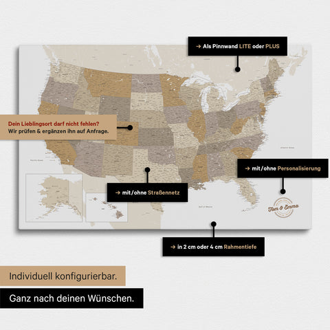 Options for configuring a USA America map as a Push Pin Map for pinning and marking travel destinations and visited places