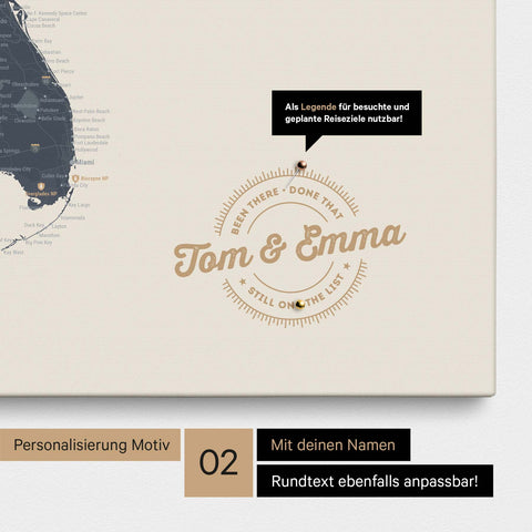 Personalisierte USA Amerika Karte als Leinwand in Navy Light mit eingedruckten Namen und einer Legende zur Markierung von besuchten Orten