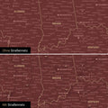USA Amerika Karte Pinn-Leinwand in Bordeaux Rot optional mit dem Straßennetz der größten Highways und Interstates