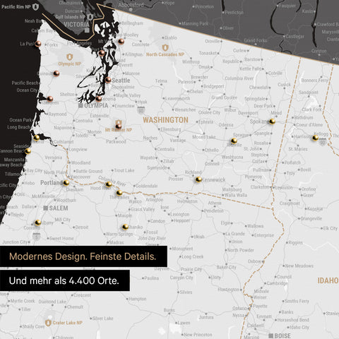 Ausschnitt einer USA Amerika Karte als Pinn-Leinwand in Schwarz-Weiß zeigt Reiseziele und Highlights in Washington, Oregon und Idaho