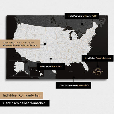 Vielfältige Konfigurationsmöglichkeiten einer USA Amerika Landkarte als Pinn-Leinwand in Farbe Schwarz-Weiss