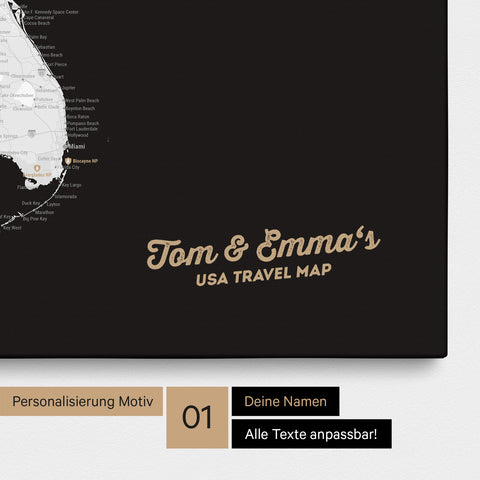 USA Amerika Karte mit hohem Detailgrad als Pinnwand Leinwand in Schwarz-Weiß mit Personalisierung und Eindruck mit deinem Namen