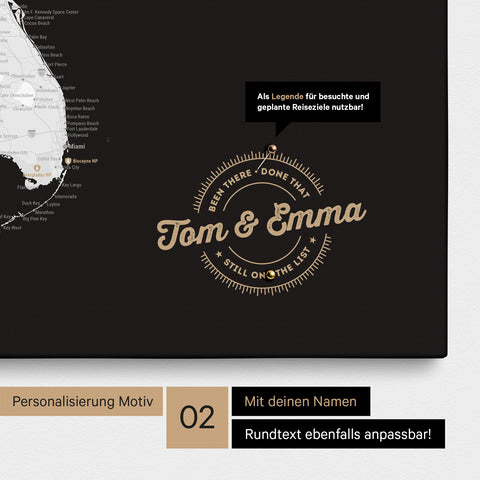 Personalisierte USA Amerika Karte als Leinwand in Schwarz-Weiß mit eingedruckten Namen und einer Legende zur Markierung von besuchten Orten