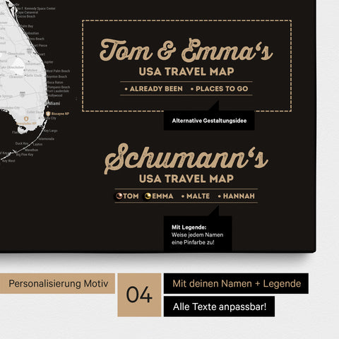 Detaillierte USA Amerika Karte als Pinn-Leinwand in Schwarz-Weiß mit Personalisierung als Logo für die gesamte Familie