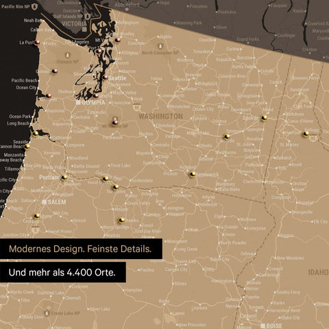 Ausschnitt einer USA Amerika Karte als Pinn-Leinwand in Sonar Black zeigt Reiseziele und Highlights in Washington, Oregon und Idaho