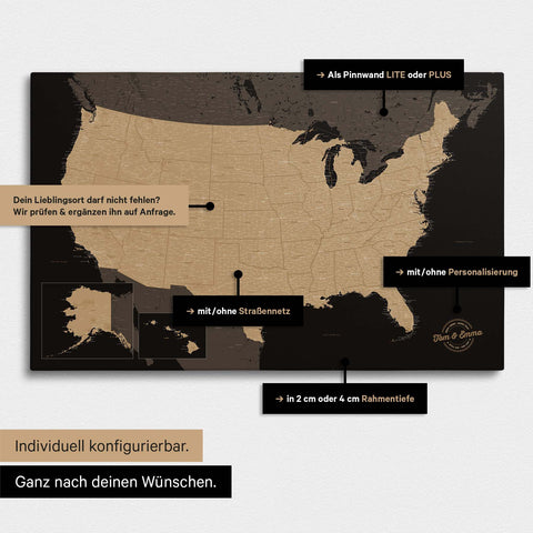 Vielfältige Konfigurationsmöglichkeiten einer USA Amerika Landkarte als Pinn-Leinwand in Farbe Sonar Black