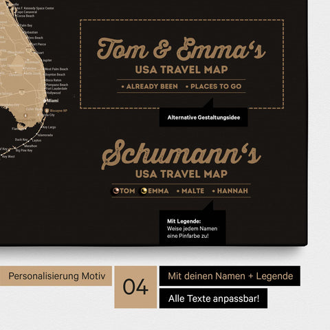 Detaillierte USA Amerika Karte als Pinn-Leinwand in Sonar Black mit Personalisierung als Logo für die gesamte Familie