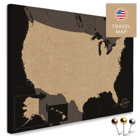 USA Amerika Karte in Sonar Black mit sehr hohem Detailgrad als Pinnwand Leinwand zum Pinnen und Markieren von Reisezielen kaufen