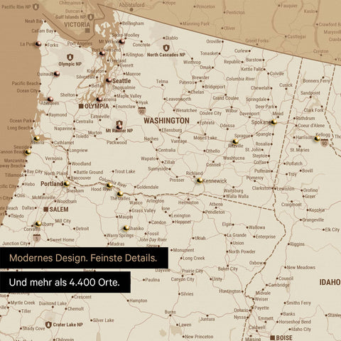 Ausschnitt einer USA Amerika Karte als Pinn-Leinwand in Treasure Gold zeigt Reiseziele und Highlights in Washington, Oregon und Idaho