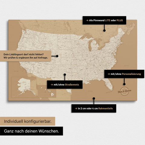 Vielfältige Konfigurationsmöglichkeiten einer USA Amerika Landkarte als Pinn-Leinwand in Farbe Treasure Gold