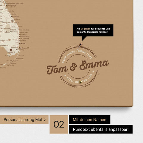 Personalisierte USA Amerika Karte als Leinwand in Treasure Gold mit eingedruckten Namen und einer Legende zur Markierung von besuchten Orten