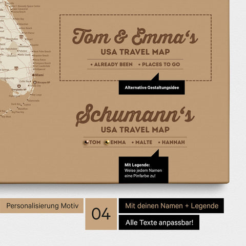 Detaillierte USA Amerika Karte als Pinn-Leinwand in Treasure Gold mit Personalisierung als Logo für die gesamte Familie