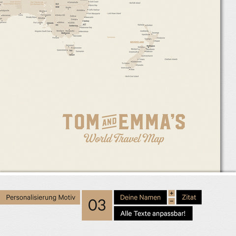 Magnetboard Weltkarte ANTARCTICA in Gold mit Personalisierung im Vintage-Stil