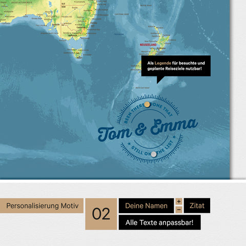 Personalisierte magnetische topografische Weltkarte ANTARCTICA in Multicolor Topo mit rundem Logo, das eine Legende für bereits besuchte Reiseziele beinhaltet