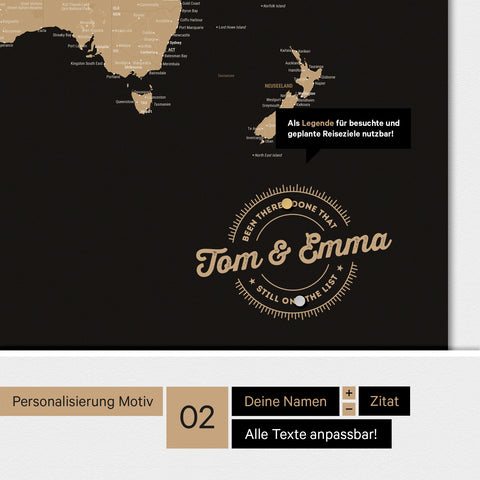 Personalisierte magnetische Weltkarte ANTARCTICA in Sonar Black mit rundem Logo, das eine Legende für bereits besuchte Reiseziele beinhaltet