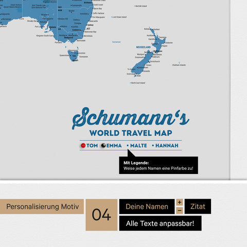 Pinnwand Leinwand einer Antarktis-Weltkarte in Blau mit personalisiertem Logo als Familiennamen