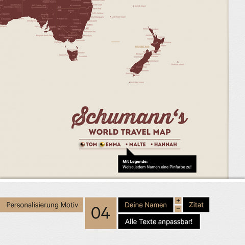 Pinnwand Leinwand einer Antarktis-Weltkarte in Bordeaux Rot mit personalisiertem Logo als Familiennamen