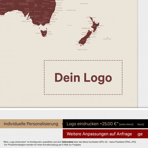 Weltkarte mit Antarktis als Pinn-Leinwand in Bordeaux Rot mit Logo-Eindruck für Unternehmen