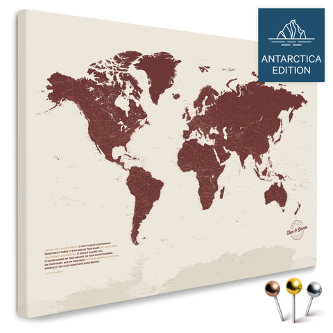 Weltkarte mit Antarktis in Bordeaux Rot als Pinnwand Leinwand kaufen