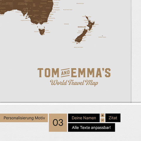 Personalisierte Weltkarte mit Antarktis als Pinn-Leinwand in der Farbe Braun mit einer Personalisierung als Vintage-Logo