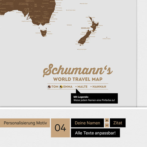 Weltkarte mit Antarktis als Pinn-Leinwand in Braun mit Logo-Eindruck für Unternehmen