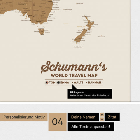 Weltkarte mit Antarktis als Pinn-Leinwand in Bronze mit Logo-Eindruck für Unternehmen