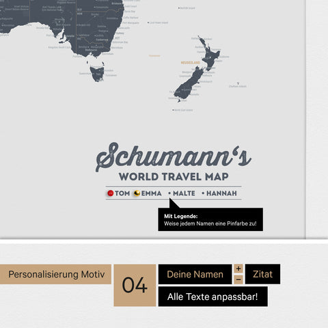 Pinnwand Leinwand einer Antarktis-Weltkarte in Denim Blue mit personalisiertem Logo als Familiennamen