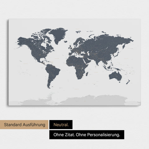 Neutrale Standard-Ausführung einer Weltkarte mit Antarktis als Pinn-Leinwand in Denim Blue