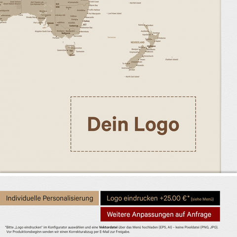 Weltkarte mit Antarktis als Pinn-Leinwand in Desert Sand (Beige) mit Logo-Eindruck für Unternehmen
