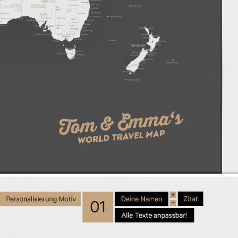 Weltkarte mit Antarktis als Pinnwand Leinwand in Dunkelgrau mit Personalisierung