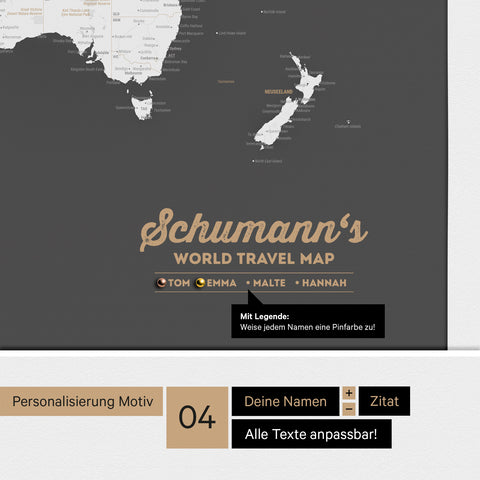 Pinnwand Leinwand einer Antarktis-Weltkarte in Dunkelgrau mit personalisiertem Logo als Familiennamen