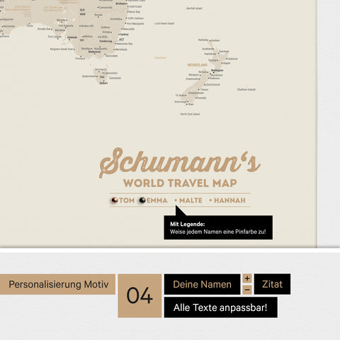 Pinnwand Leinwand einer Antarktis-Weltkarte in Gold mit personalisiertem Logo als Familiennamen