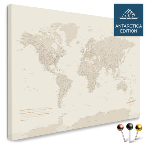 Weltkarte mit Antarktis in Gold als Pinnwand Leinwand kaufen