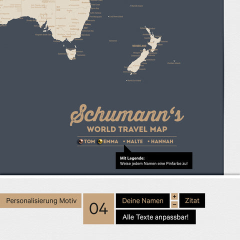 Pinnwand Leinwand einer Antarktis-Weltkarte in Hale Navy (Dunkelblau Gold) mit personalisiertem Logo als Familiennamen