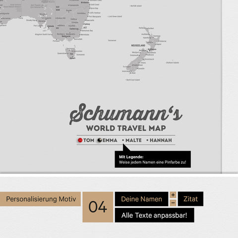 Pinnwand Leinwand einer Antarktis-Weltkarte in Hellgrau mit personalisiertem Logo als Familiennamen