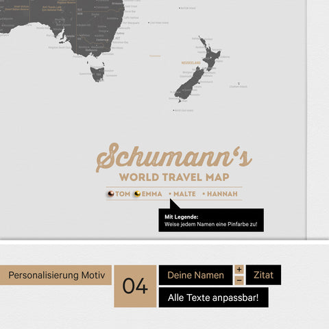 Pinnwand Leinwand einer Antarktis-Weltkarte in Light Gray mit personalisiertem Logo als Familiennamen