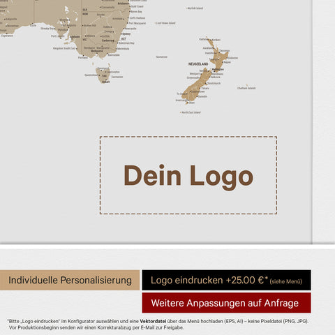 Weltkarte mit Antarktis als Pinn-Leinwand in Multicolor Beige mit Logo-Eindruck für Unternehmen