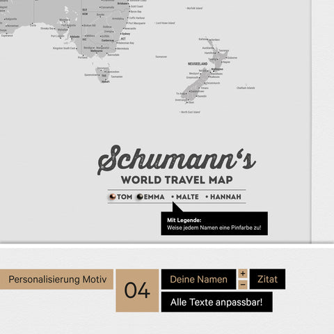 Pinnwand Leinwand einer Antarktis-Weltkarte in Multicolor Grau mit personalisiertem Logo als Familiennamen